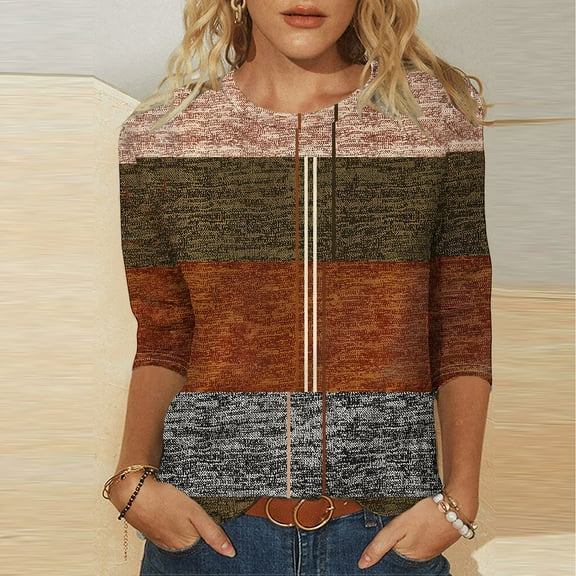 Classic Striped 3/4 Sleeve Loose T-Shirt - Womens Crewneck, Timeless Design, Durable Cotton Blend - S/M/L/XL/XXL