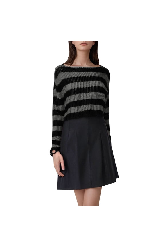 Classic Striped Women's Pullover Sweater with Ripped Details, Short Knit in Sea Horse Yarn, Trendy Casual Knitwear, Polyester, One Size