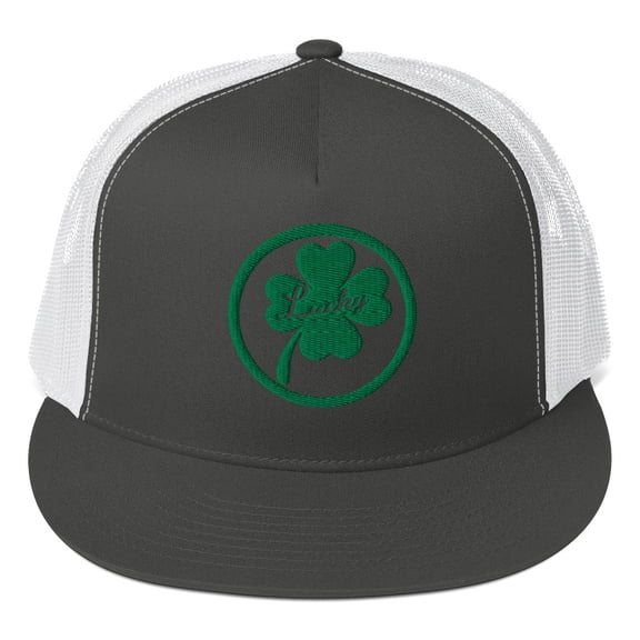 Classic Structured multiple color option St Patrick's Day Shamrrock / Lucky Trucker Cap, Fun Hat Gift (Charcoal/ White)