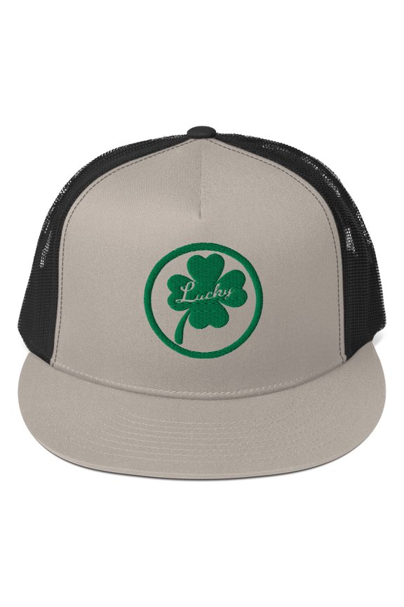 Classic Structured multiple color option St Patrick's Day Shamrrock / Lucky Trucker Cap, Fun Hat Gift (Silver/ Black)