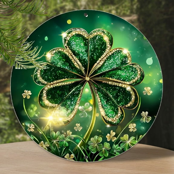 Classic Style 1pc Aluminum Metal Four Leaf Clover Wreath Sign - 8x8 Inch Round Wall Decor for Kitchen, Coffee, Home, Living Room, Office - St. Patrick'S Day, Thanksgiving, - No Electricity Required