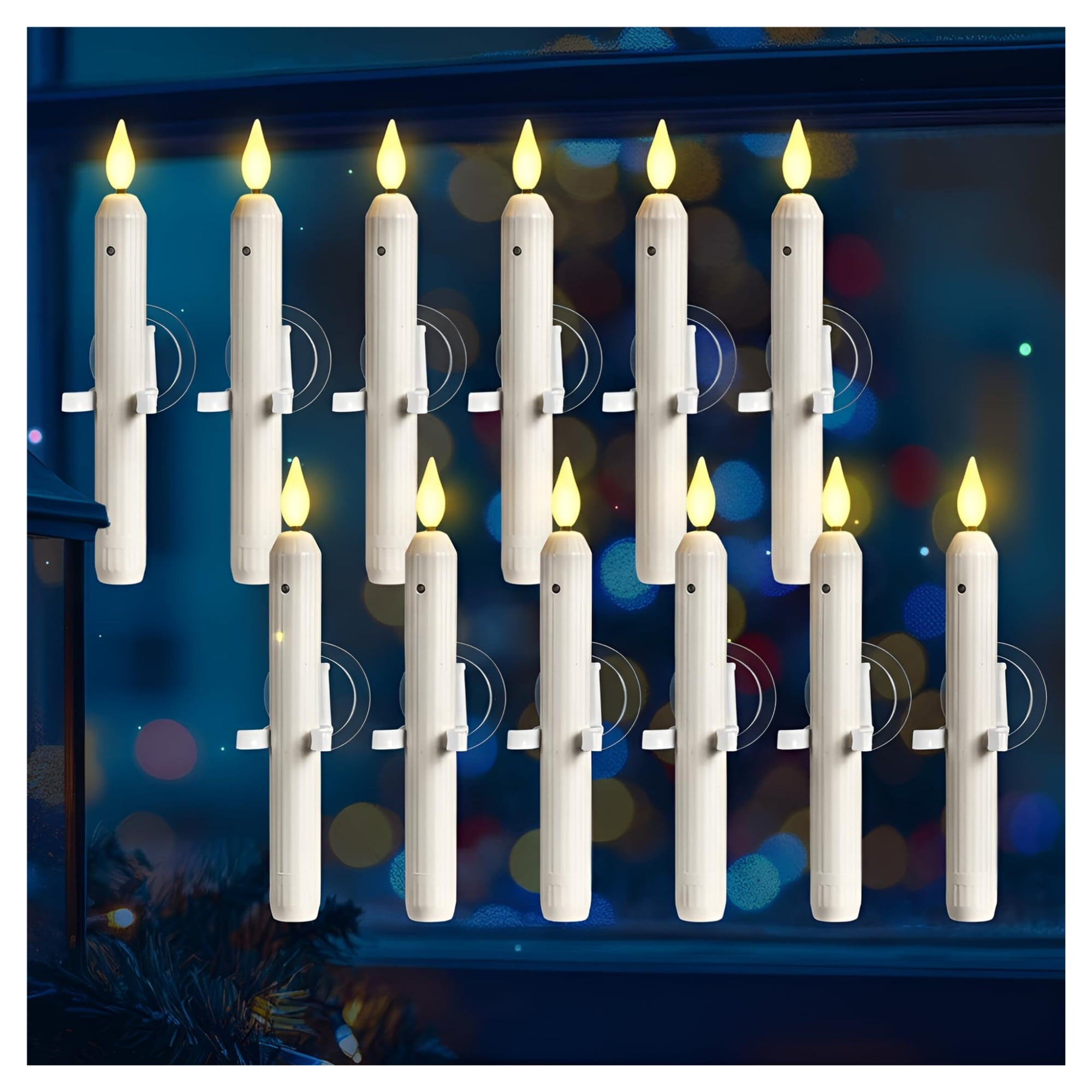Classic Style Christmas Window Decorations - 12 Sets Battery Operated Window Candles with Dusk to Dawn Sensor, Flameless LED Candlesticks Bulk for Xmas Decor