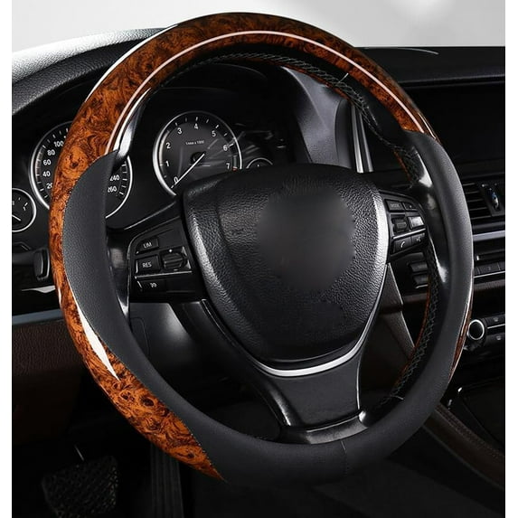 Classic Style Steering Wheel Cover Peach Wood Grain Four Seasons Universal Breathable Anti-Slip Car Wheel Protector 15 Inch Fit, Brown