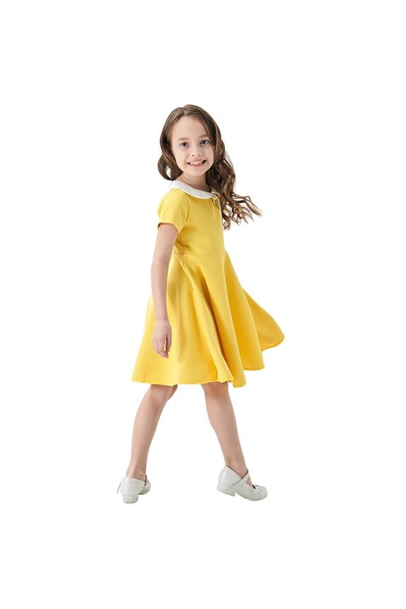 Classic Summer Girls' Dress School Children's Color Contrast Short Sleeved Dress