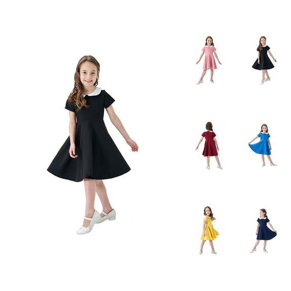 Classic Summer Girls' Dress School Style Color Contrast Short Sleeve Fit and Flare Skater Dress with Pockets, Vintage Collar Casual Party Wear 4-12 Years