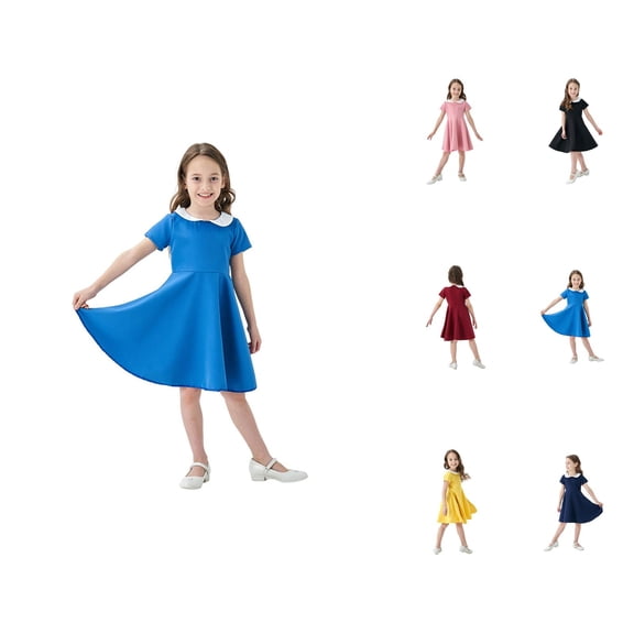 Classic Summer Girls' Dress School Style Color Contrast Short Sleeve Fit and Flare Skater Dress with Pockets, Vintage Collar Casual Party Wear 4-12 Years