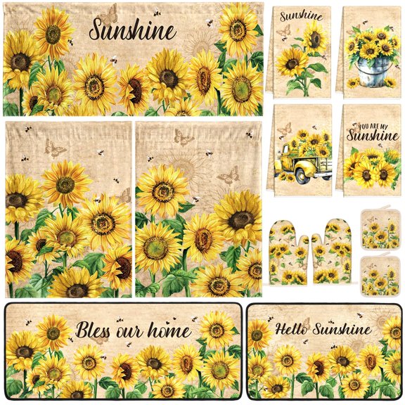 Classic Sunflower 13-Piece Kitchen Linen Set With Towels, Rugs, Curtains, Pot Holders And Oven Mitts