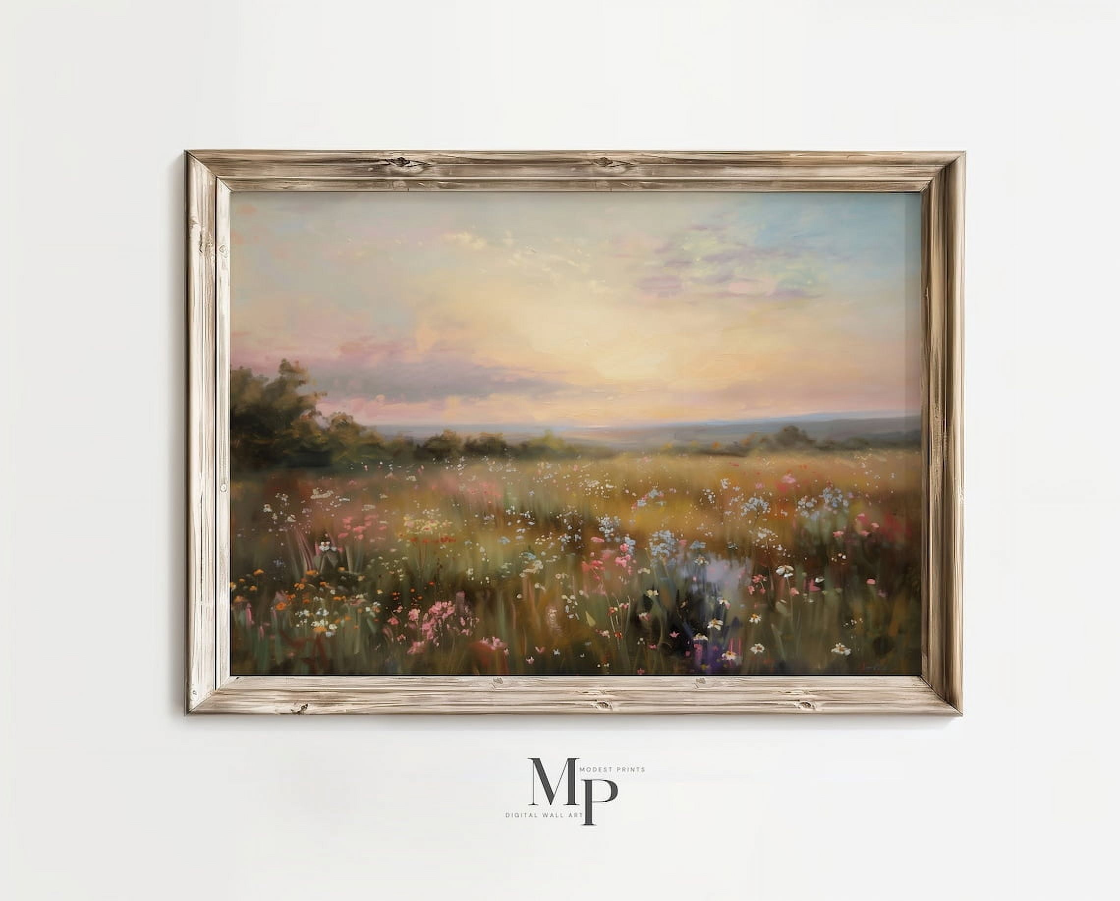 Classic Sunset Landscape Oil Painting, Wildflower Field Landscape Art ...