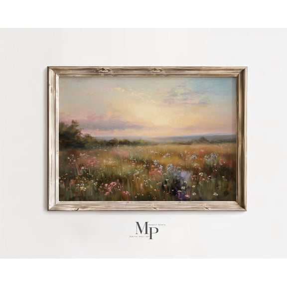 Classic Sunset Landscape Wildflower Field Art Print Country Wall Nature Printable Unframed Paper Print