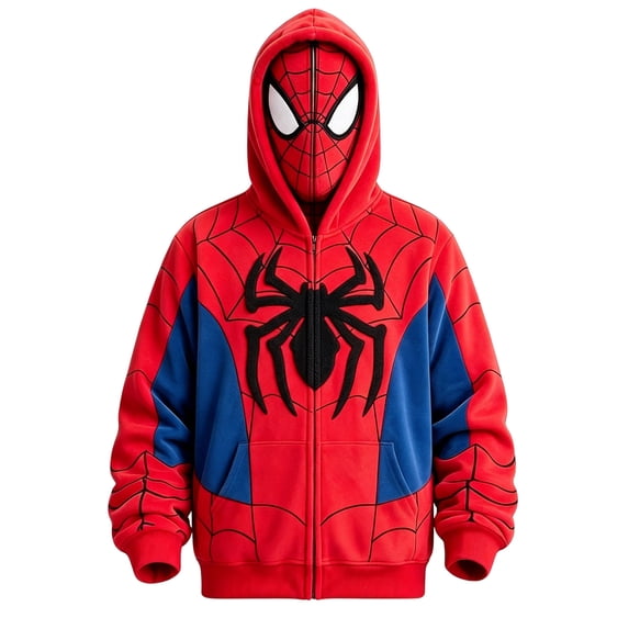 Classic Superhero Zip Up Hoodie with Full Face Mask, Spider Web Print Graphic Sweatshirt for Adults Boys Girls Cosplay Party