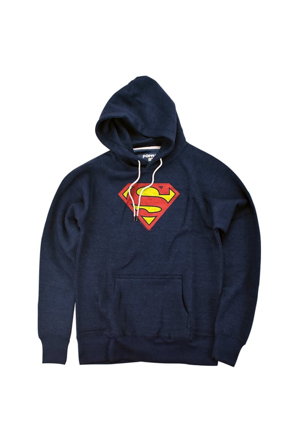 Classic Superman Logo Unisex Adult Slim Fit Pull-Over Heather Hoodie, Navy, Large