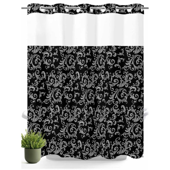 Classic Swirling Floral Seamless Design No Hooks Shower Curtain with Snap in Fabric Liner Set, Black Grey Shower Curtains Waterproof Bathroom Curtain with See Through Top Window, 72x72 Inch