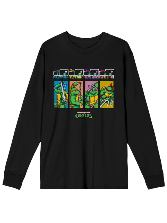 Classic TMNT Cartoon Ninja Turtles Panel Men's Black Long Sleeve Shirt-Large