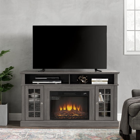 Classic TV Media Stand Modern Entertainment Console with 23" Fireplace Insert for TV Up to 65" with Open and Closed Storage Space, Dark Walnut/Black, 58.25"W*15.75"D*32"H