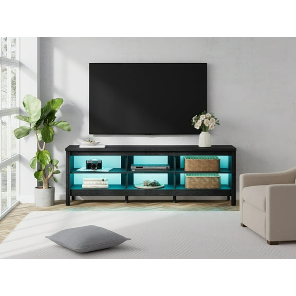 Classic TV Stand for 75 Inch Flat Screen with 16 Color LED, Wood Entertainment Center for Living Room, TV Media Console with Storage, Black, 70 Inch