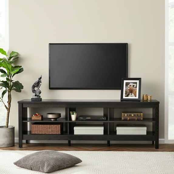 Classic TV Stand for 75 inch TV with 6 Cubby Storages for Living Room, Wood TV Console Table for Bedroom, 70 inch, Black