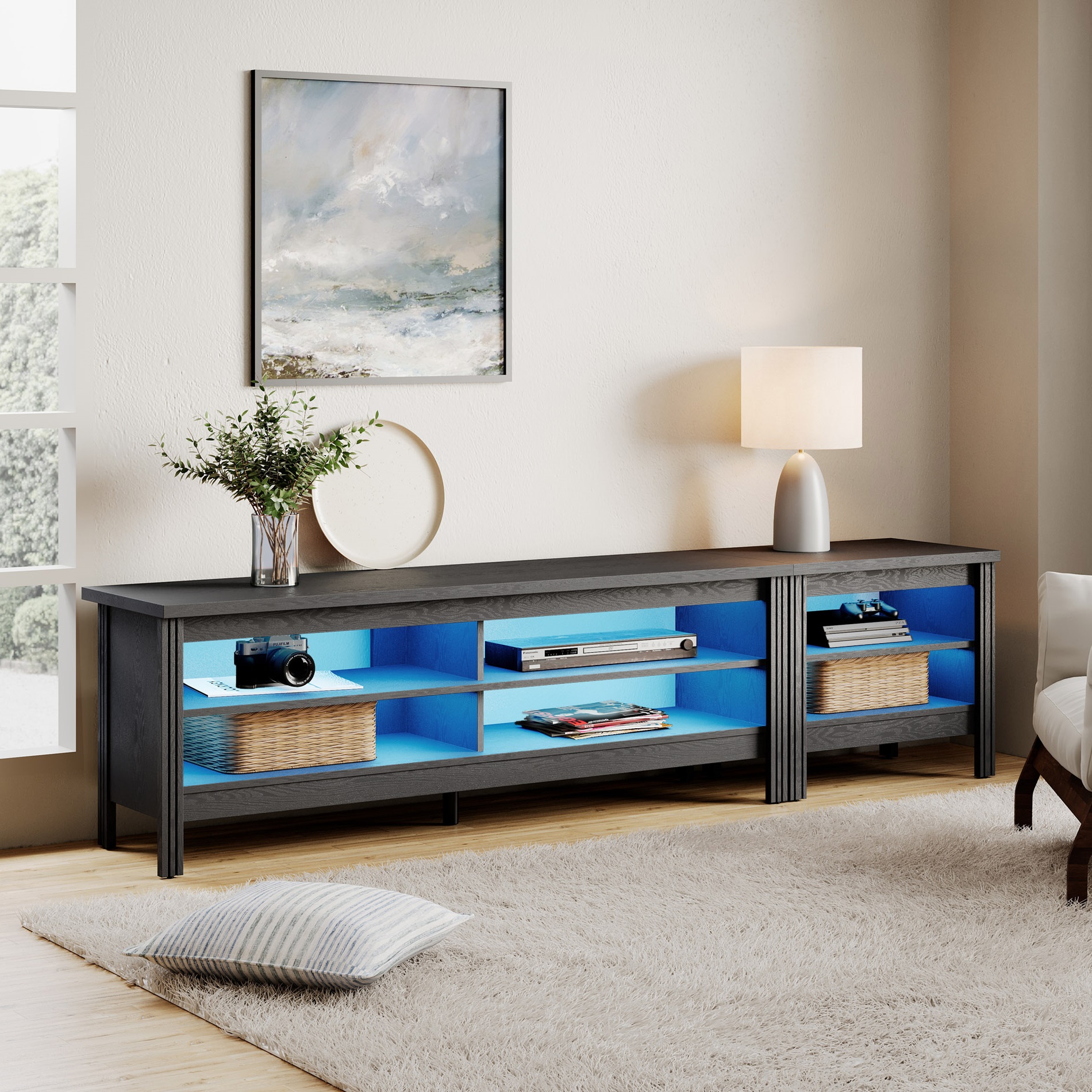 Classic TV Stand for 80 inch TV with LED Lights, Wood TV Console for 75