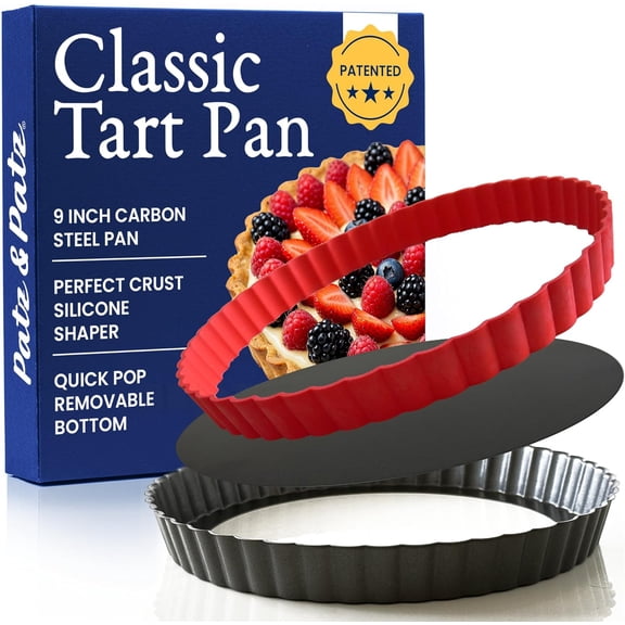Classic Tart Pan 9 Inch Removable Bottom with Patented Silicone Crust Shaper | Nonstick Carbon Steel Quiche Baking Dish, Fruit Tart Molds for Baking, Quiche Pan & Pie Mold - PFOA & PTFE-Free