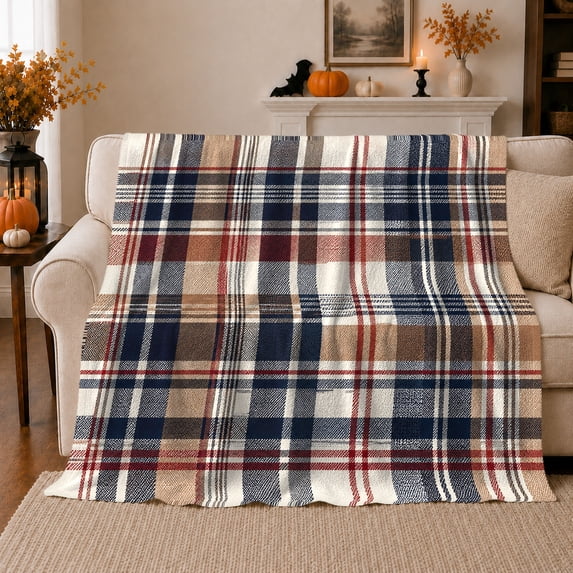 Classic Tartan Plaid Autumn Hearth, Festive autumn celebration Scene, Warm Flannel Blanket for Living Room and Reading Nook, Art Lovers autumn celebration Gift, Festive Home Decor
