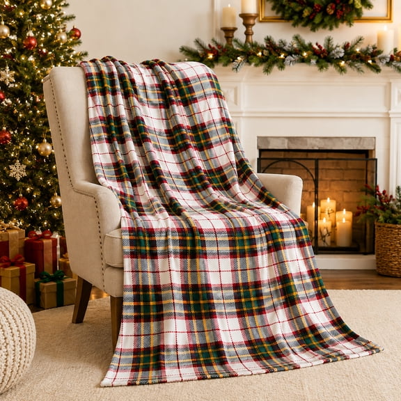 Classic Tartan Plaid Christmas Blanket in Red, Green, Gold and White, Flannel Throw for Couch, Bed and Coordinated Winter Seasonal Layering Style, 30 x 40 in
