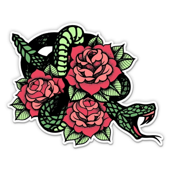 Classic Tattoo Style Snake Roses - 3" Vinyl Sticker - For Car Laptop Water Bottle Phone - Waterproof Decal