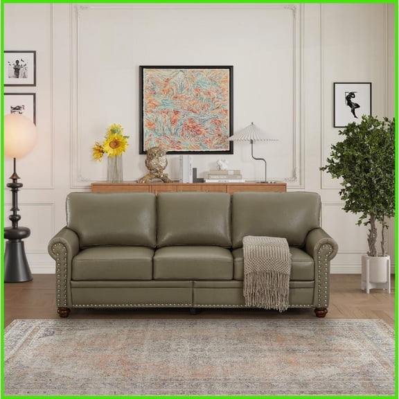 Classic Taupe Faux Leather 3-Seat Living Room Sofa with Storage & Silver Nail Trim
