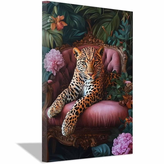 Classic Tawny Leopard Plush redAntique Chair Framed Canvas Wall Print,Tropical Botanical Drawings suit Washroom Workspace Styling Ready to Hang-12"L x 8"W