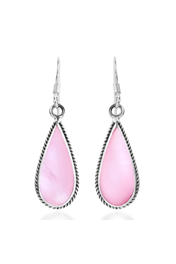 Classic Teardrop Shaped Pink MOP Inlaid Sterling Silver Dangle Earrings