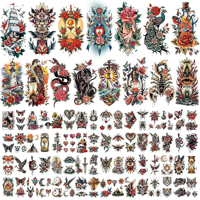 Classic Temporary Tattoos for Adult Women Men, American Old School Fake ...