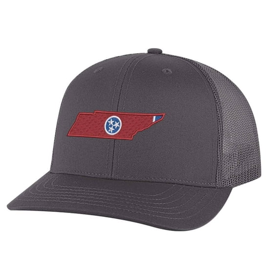 Tennessee Trucker Hat - Embroidered State Shape with Tri-Star - Tennessee Flag Hat Snapback Cap (Charcoal)