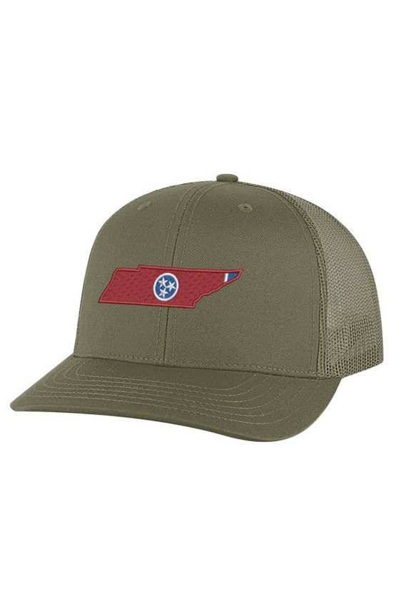 Tennessee Trucker Hat - Embroidered State Shape with Tri-Star - Tennessee Flag Hat Snapback Cap (Olive)