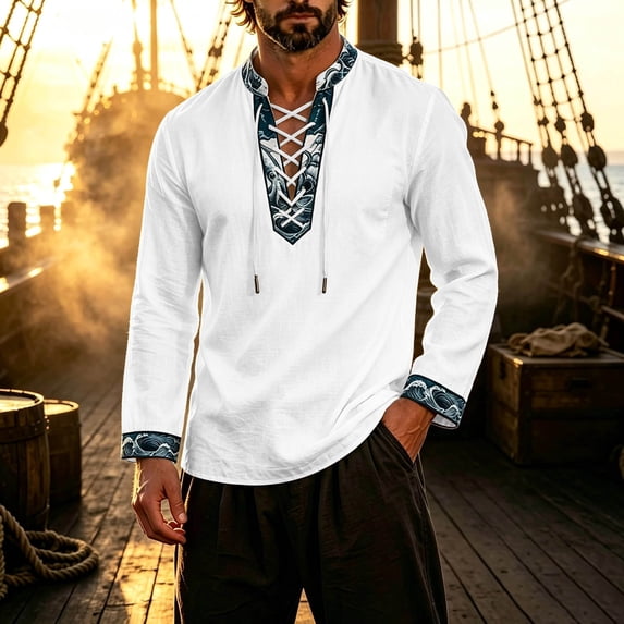 Classic Themed Men's Long Sleeve Shirt for Everyday Wear and Cosplay with Nautical Influence and Adventure Ready Style