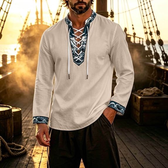 Classic Themed Men's Long Sleeve Shirt for Everyday Wear and Cosplay with Nautical Influence and Adventure Ready Style