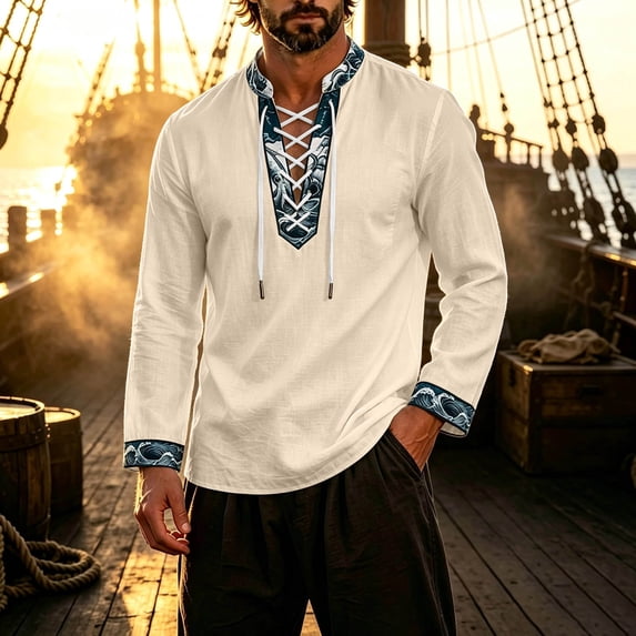 Classic Themed Men's Long Sleeve Shirt for Everyday Wear and Cosplay with Nautical Influence and Adventure Ready Style