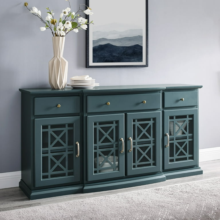 Classic Tiered Front Glass Door Dark Teal Fretwork Sideboard by Walker Edison