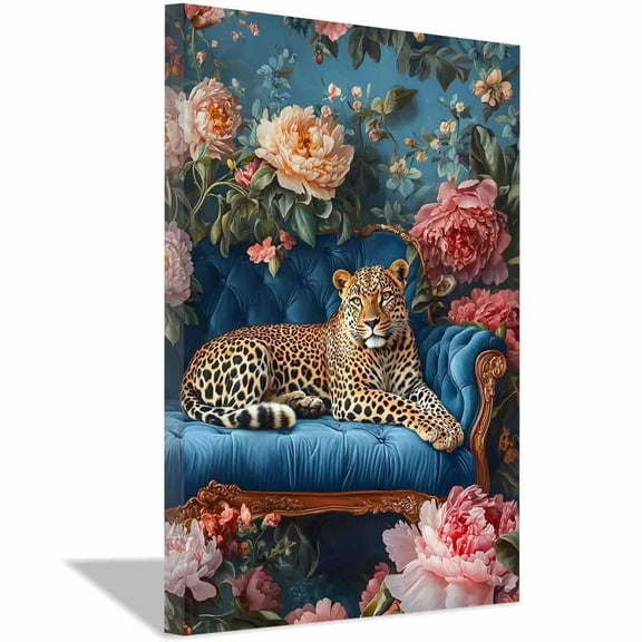 Classic Tiger Resting Blue Velvet Floral Sofa Framed Canvas Print,Elegant Wildlife Drawings fit Entryway Sleeping Room Decor Ready to Hang-12"L x 8"W