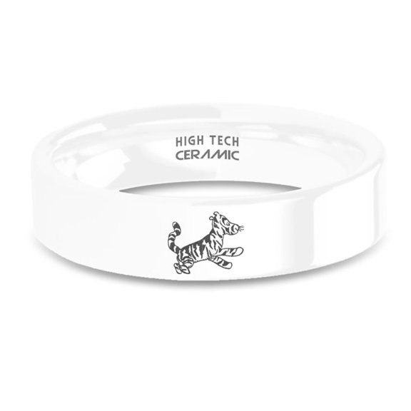 Classic Tigger Winnie-the-Pooh Engraved White Ceramic Ring, 6mm, Size 6