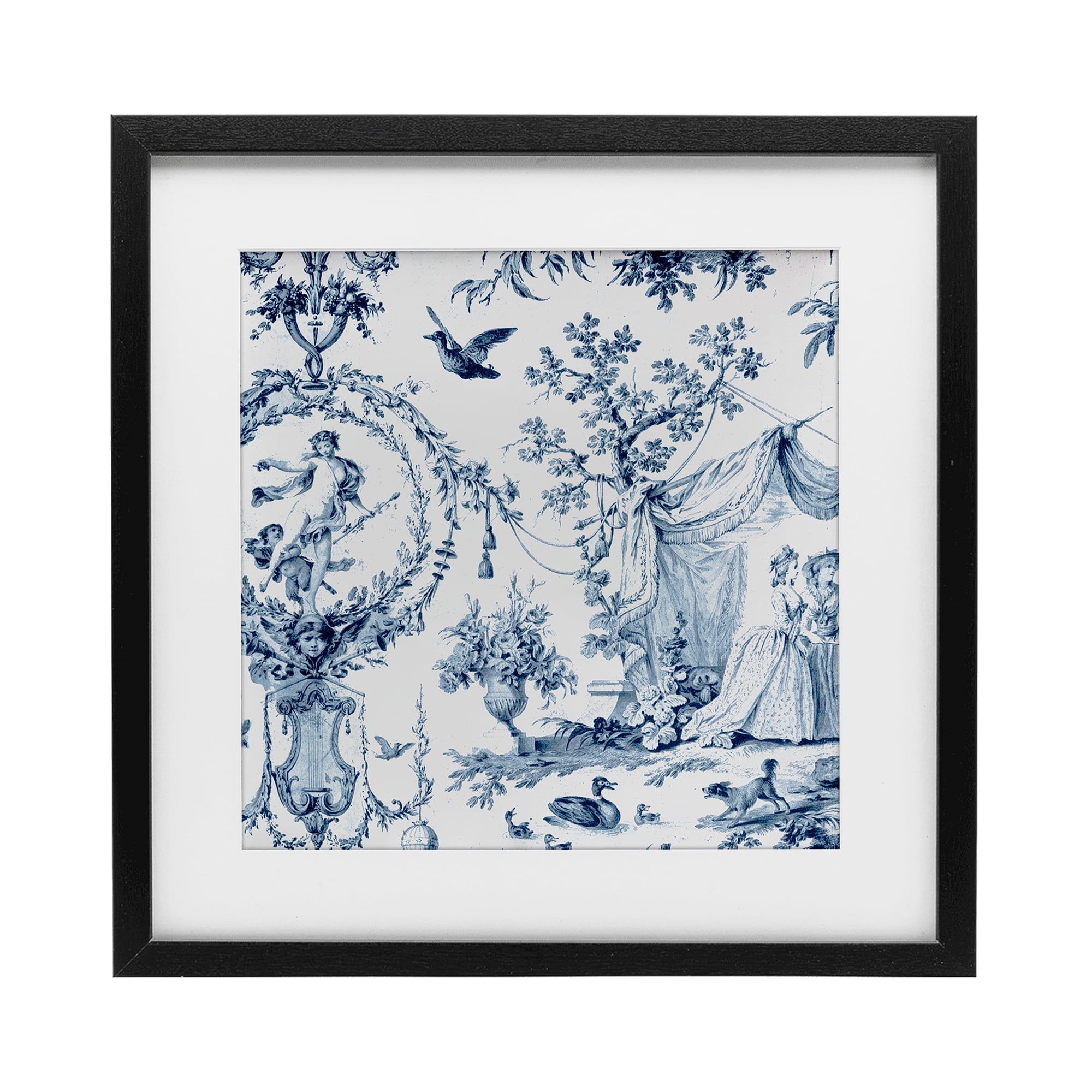 Classic Toile Scene Black Framed Print Under Glass, design by Vintage Hustle