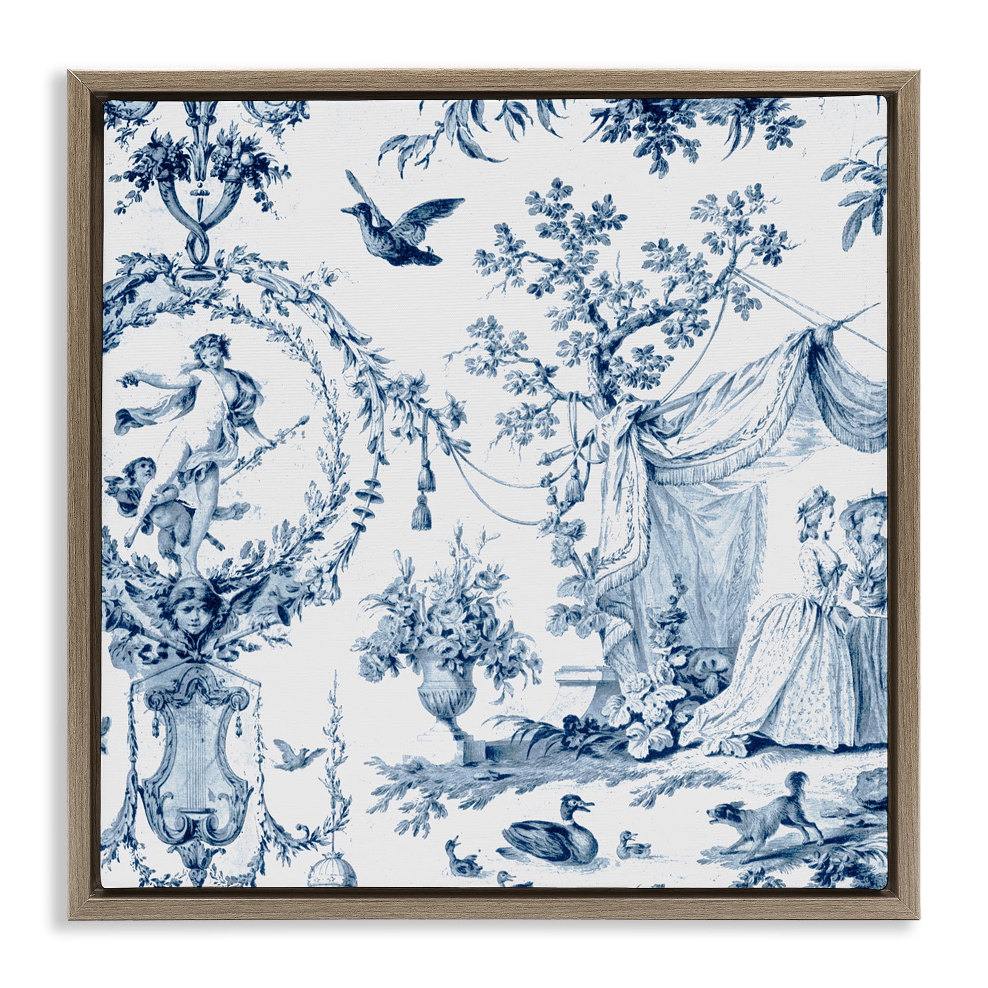 Classic Toile Scene Brown Framed Floater Canvas Wall Art, design by Vintage Hustle