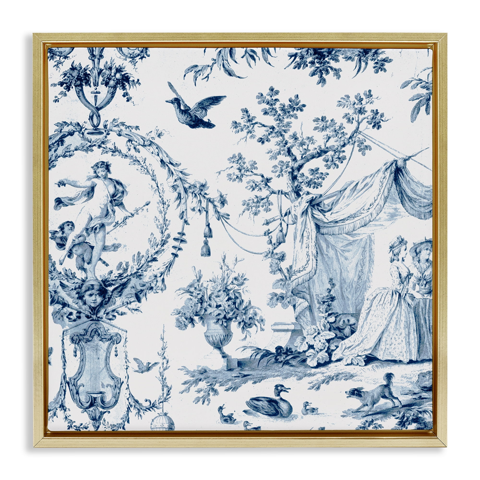 Classic Toile Scene Gold Framed Floater Canvas Wall Art, design by Vintage Hustle