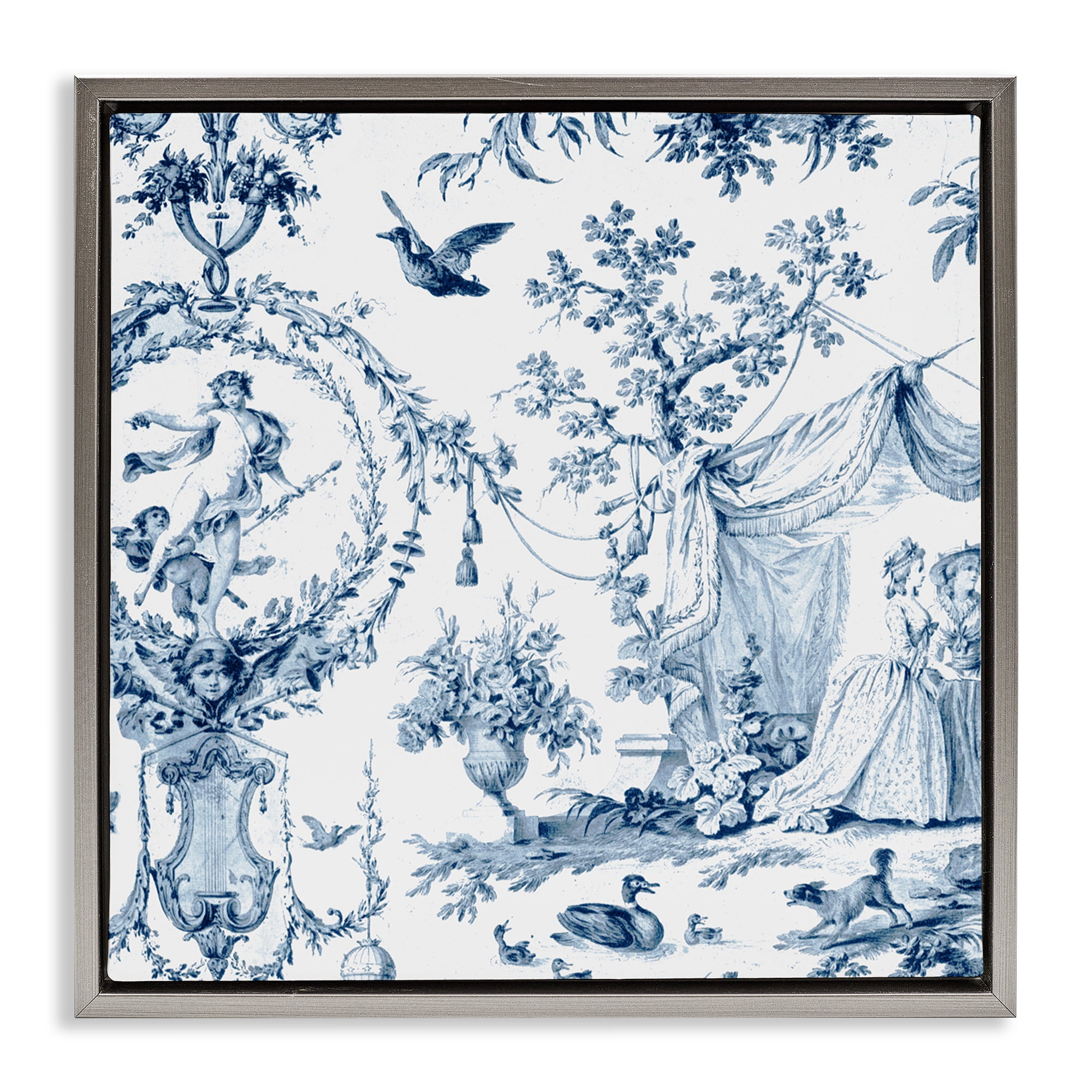 Classic Toile Scene Gray Framed Floater Canvas Wall Art, design by Vintage Hustle