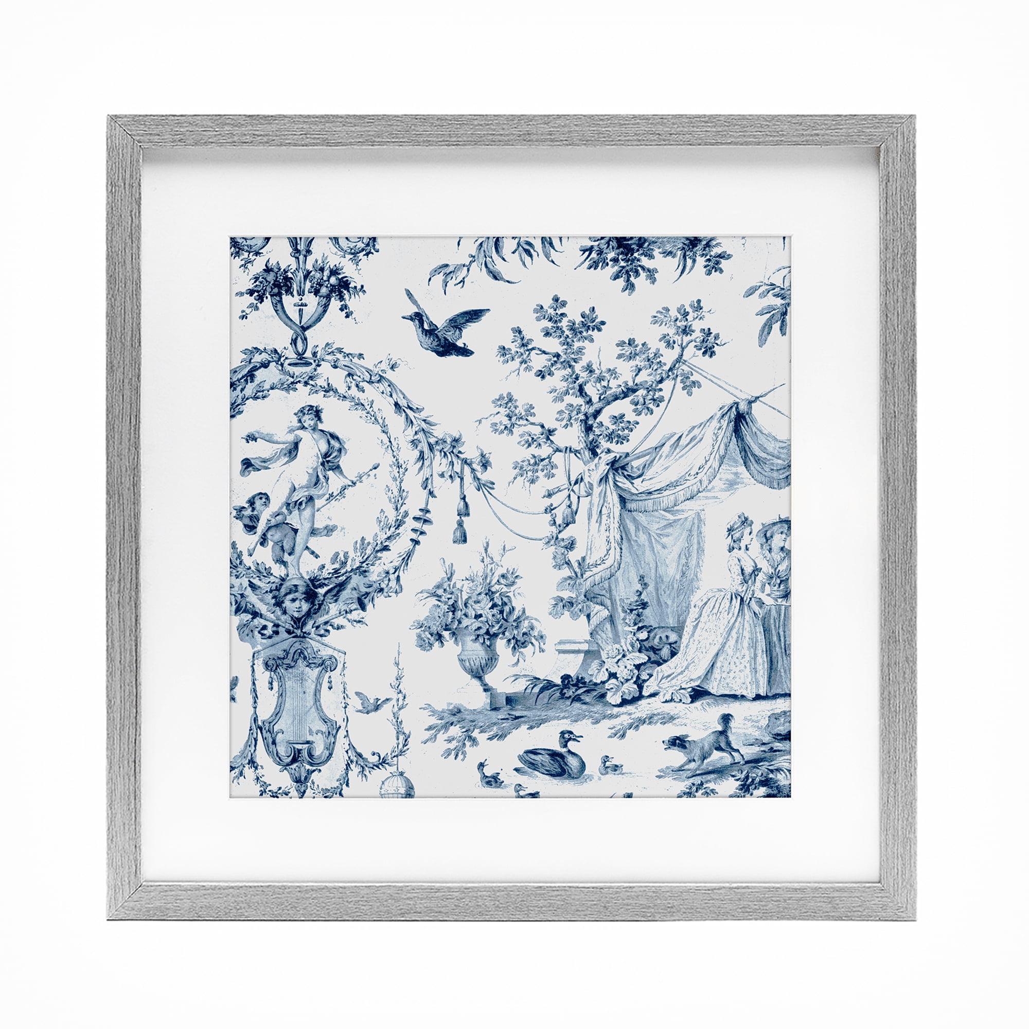 Classic Toile Scene Gray Framed Print Under Glass, design by Vintage Hustle