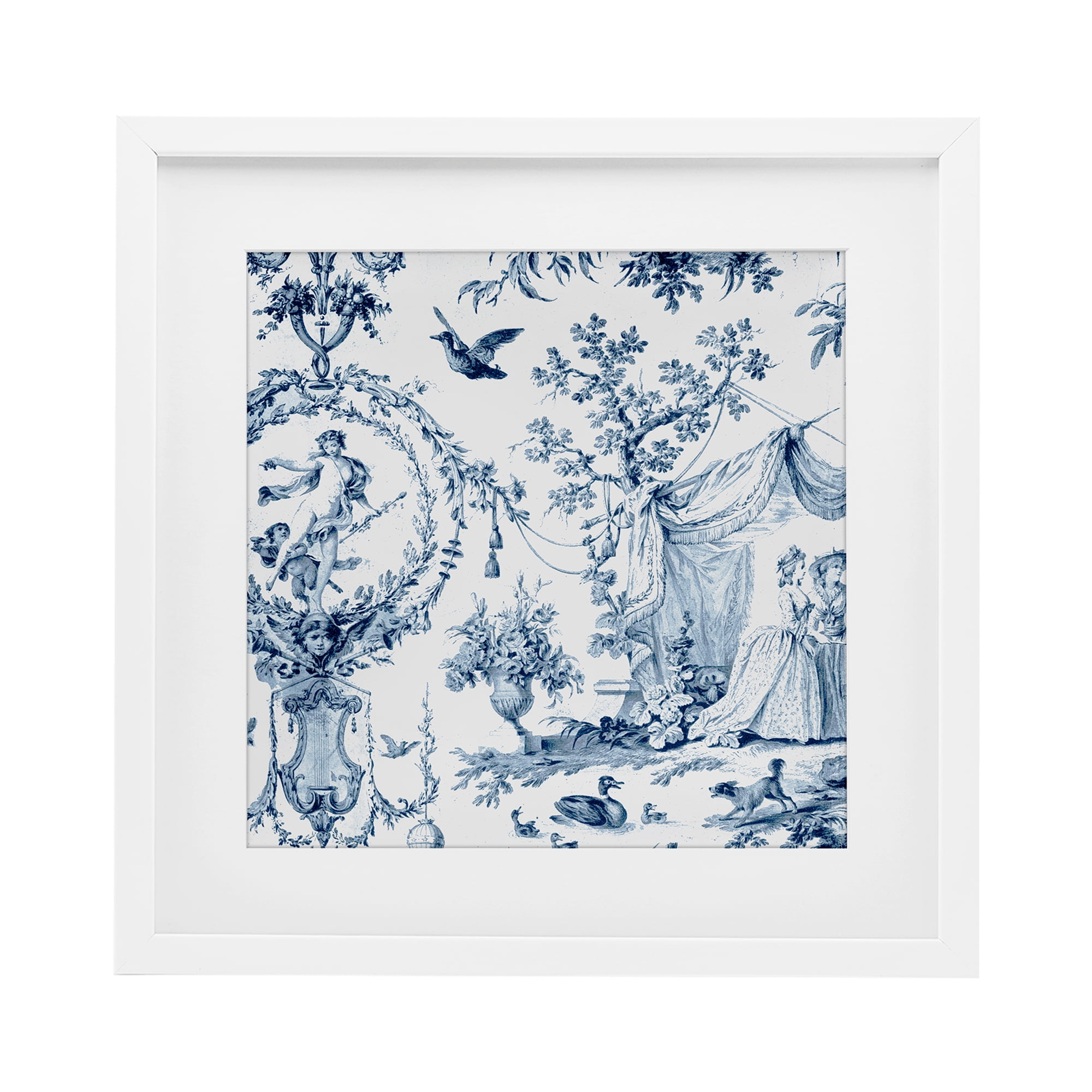 Classic Toile Scene White Framed Print Under Glass, design by Vintage Hustle