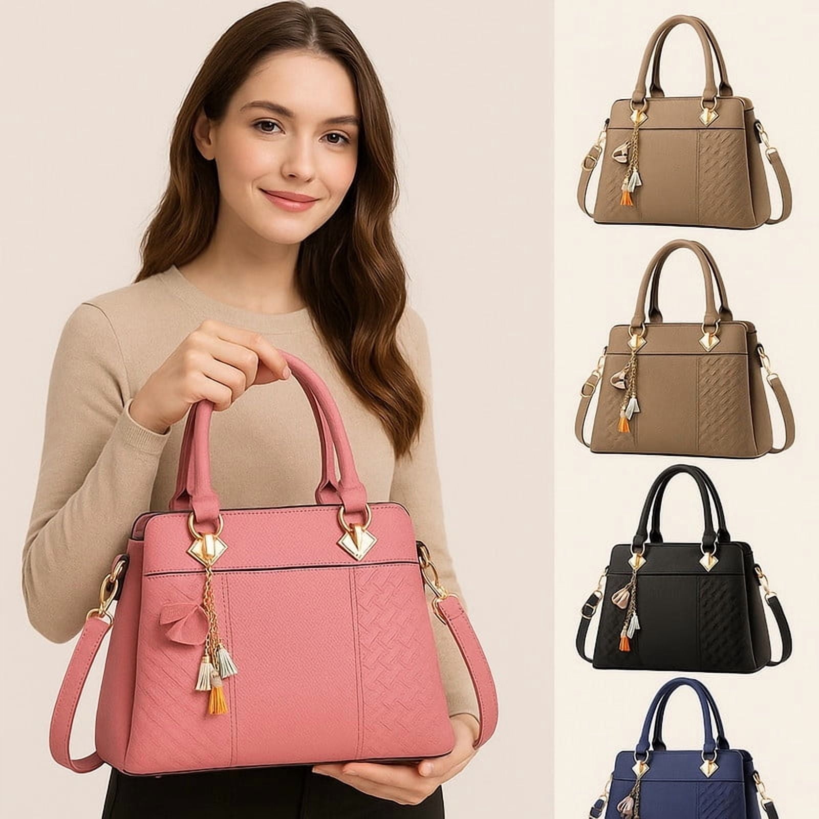 Classic Tote Handbag for Women, PU Leather Satchel with Top Handles,Multiple Pockets, 12.2×5.5×9.1 in, Detachable Crossbody Strap, Lightweight Work/Weekend Bag Ladies Purse(Black)
