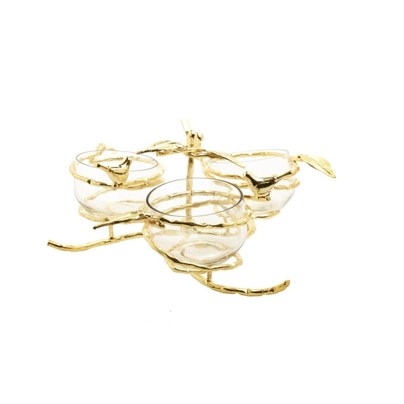 Classic Touch 10.5" Gold Leaf 3 Bowl Relish Dish With Glass Inserts