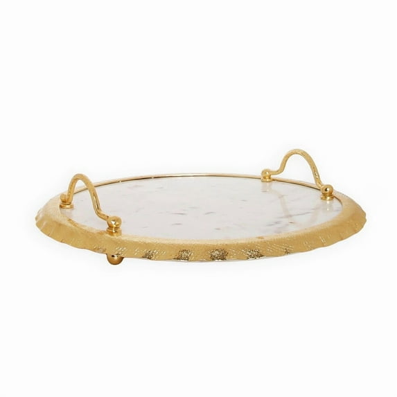 Classic Touch 16.5"D Round Marble Tray with Gold Edge and Handles