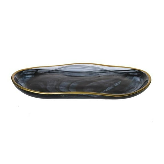 Classic Touch CD350L 13.75 x 7.5 in. Black Alabaster Oval Tray with Gold Scalloped