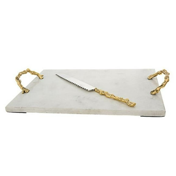 Classic Touch JKGCTW20 White Marble Challah Tray with Wooden Handles
