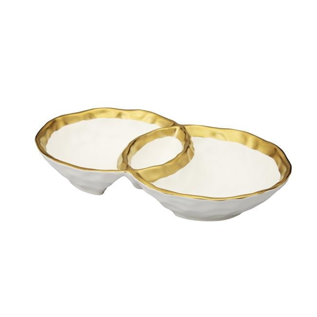 White Porcelain Round Double Bowl with Gold Rim - Thumbnail 2