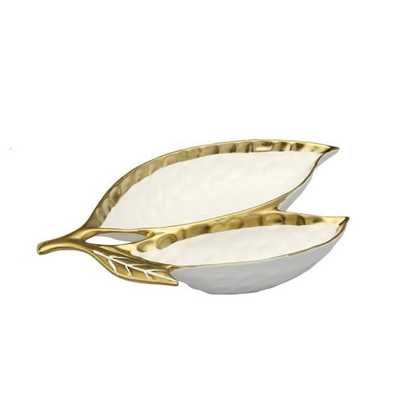 Classic Touch WPL560 Porcelain Leaf Relish Dish with Gold Rim, White